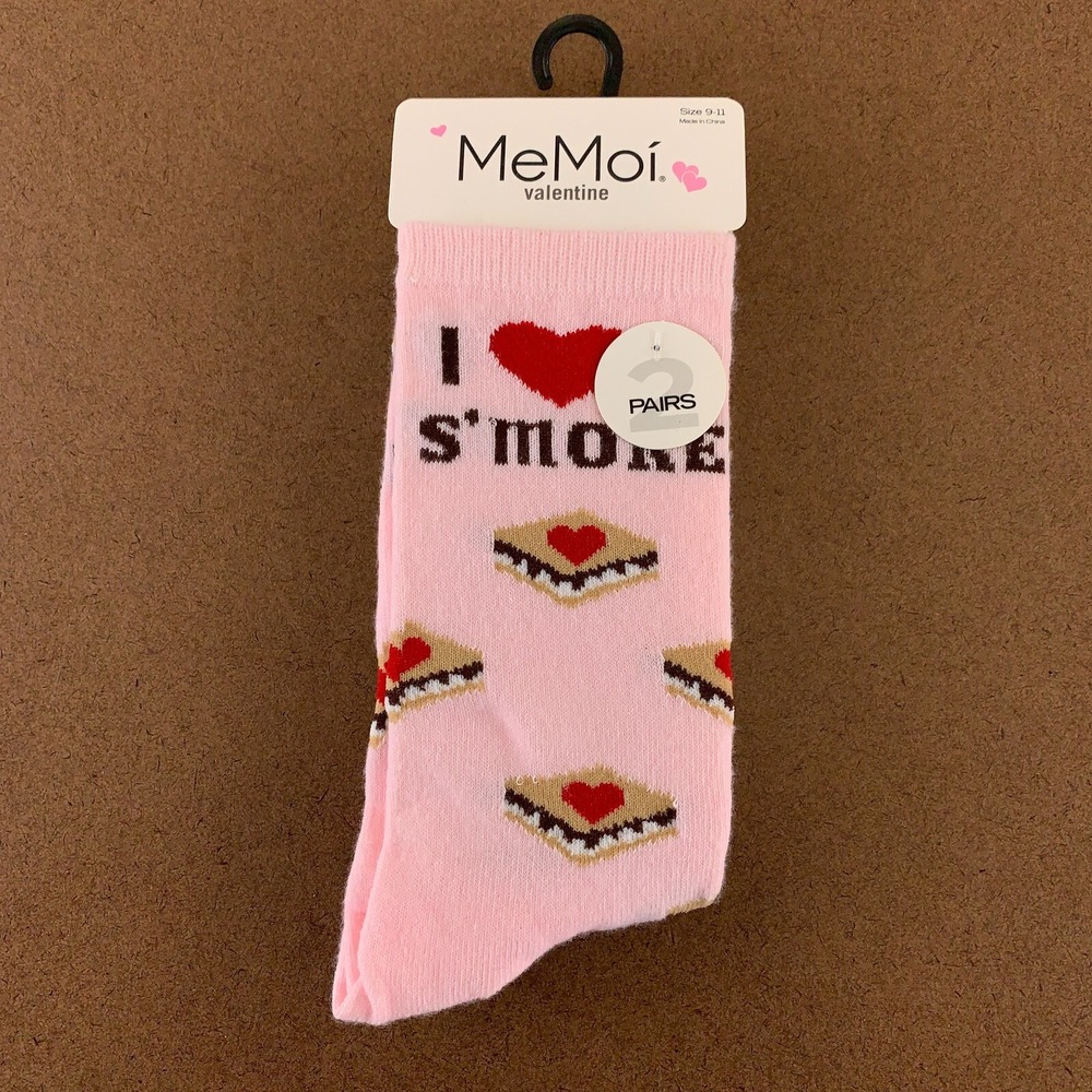 MeMoi Women's Size 9-11 Pink I Love Smore Gray Hearts Crew Socks 2 Pairs NWT